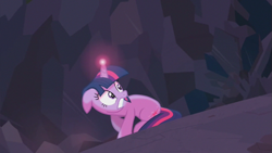 Size: 853x480 | Tagged: safe, screencap, character:twilight sparkle, character:twilight sparkle (unicorn), species:pony, species:unicorn, episode:a canterlot wedding, g4, my little pony: friendship is magic, crystal caverns, female, glowing horn, mare, scared, solo
