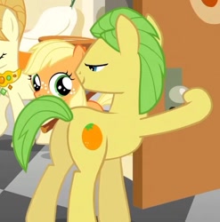 Size: 593x601 | Tagged: safe, screencap, character:applejack, character:aunt orange, character:uncle orange, species:earth pony, species:pony, episode:the cutie mark chronicles, g4, my little pony: friendship is magic, door, female, filly, hoof hold, lidded eyes, male, mare, out of context, plot, stallion, younger