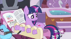 Size: 1149x644 | Tagged: safe, screencap, character:lotus blossom, character:princess celestia, character:twilight sparkle, character:twilight sparkle (unicorn), species:pony, species:unicorn, episode:ponyville confidential, g4, my little pony: friendship is magic, cakelestia, hoof spongey thing, hub logo, hubble, lettering, spa