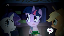 Size: 560x315 | Tagged: safe, screencap, character:applejack, character:rarity, character:twilight sparkle, episode:look before you sleep, g4, my little pony: friendship is magic, breed, ei, hub logo, shipper on deck, shipping, youtube caption