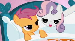 Size: 629x341 | Tagged: safe, screencap, character:scootaloo, character:sweetie belle, species:pegasus, species:pony, ship:scootabelle, episode:stare master, g4, my little pony: friendship is magic, bed, bedroom eyes, female, hush now quiet now, lesbian, long neck, long pony, out of context, shipping, sweetie giraffe