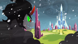 Size: 1366x768 | Tagged: safe, screencap, character:king sombra, episode:the crystal empire, g4, my little pony: friendship is magic, crystal empire, shadow, snow, snowfall, solo