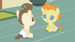 Size: 1280x720 | Tagged: safe, screencap, character:pound cake, character:pumpkin cake, episode:baby cakes, g4, my little pony: friendship is magic, babies, baby ponies, cake twins, cute, diaper, diapered, diapered colt, diapered filly, diapered foals, duo, female, filly, looking at each other, one month old colt, one month old filly, one month old foals, sad, siblings, twins, white diapers