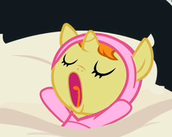 Size: 394x313 | Tagged: safe, screencap, character:pumpkin cake, species:pony, episode:baby cakes, g4, my little pony: friendship is magic, baby, baby blanket, baby pony, blanket, blanket burrito, cropped, nursery, open mouth, sleeping, solo, swaddled, yawn