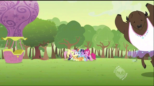 Size: 512x288 | Tagged: safe, screencap, character:applejack, character:fluttershy, character:pinkie pie, character:rainbow dash, character:rarity, character:twilight sparkle, species:buffalo, episode:the return of harmony, g4, my little pony: friendship is magic, animated, ballet, chaos, clothing, hot air balloon, hub logo, mane six, tutu, twinkling balloon