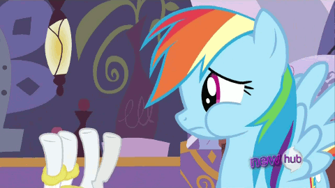 Size: 480x270 | Tagged: safe, screencap, character:rainbow dash, character:rarity, episode:ponyville confidential, g4, my little pony: friendship is magic, animated, duo, hoofy-kicks, hub logo, offscreen character, puffy cheeks, spa