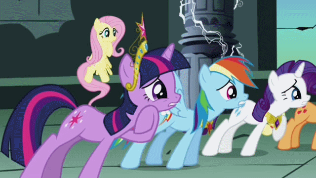 Size: 640x360 | Tagged: safe, screencap, character:applejack, character:fluttershy, character:pinkie pie, character:rainbow dash, character:rarity, character:twilight sparkle, character:twilight sparkle (unicorn), species:pony, species:unicorn, episode:friendship is magic, g4, my little pony: friendship is magic, animated, animation error, castle of the royal pony sisters, elements of harmony, mane six