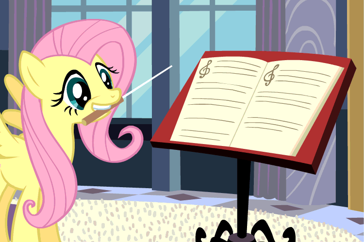 Size: 750x499 | Tagged: safe, screencap, character:fluttershy, episode:a canterlot wedding, g4, my little pony: friendship is magic, animated, conductor, conductor's baton, fluttershy's songbird chorus, mouth hold, paper, sheet music, solo