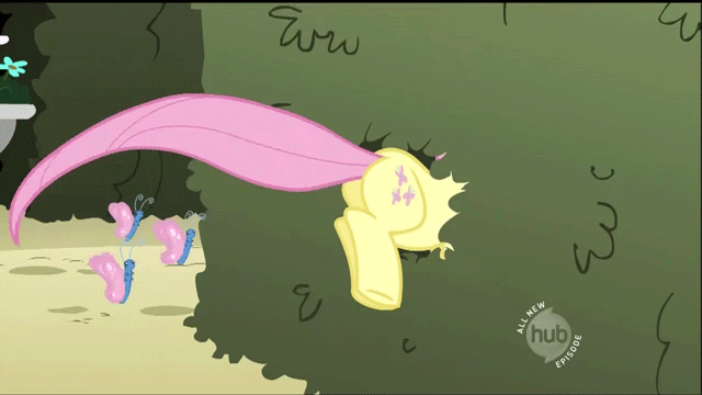 Size: 640x360 | Tagged: safe, screencap, character:fluttershy, species:pony, episode:the return of harmony, g4, my little pony: friendship is magic, animated, bush, butterfly, buttstuck, female, hedge, hiding, hoofy-kicks, hub logo, hubble, mare, panic, plot, scared, stuck, wiggle