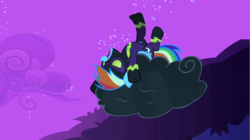 Size: 853x480 | Tagged: safe, screencap, character:rainbow dash, species:pegasus, species:pony, episode:luna eclipsed, g4, my little pony: friendship is magic, animated, clothing, cloud, cloudy, costume, female, gif, hooves, kicking, laughing, lying on a cloud, mare, night, night sky, nightmare night, nightmare night costume, on a cloud, shadowbolt dash, shadowbolts, shadowbolts costume, sky, solo, stars, wings