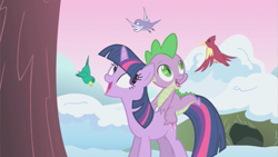 Size: 853x480 | Tagged: safe, screencap, character:spike, character:twilight sparkle, species:bird, species:dragon, species:pony, episode:winter wrap up, g4, my little pony: friendship is magic, dragons riding ponies, duo, get, index get, milestone, riding