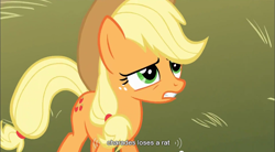 Size: 856x472 | Tagged: safe, screencap, character:applejack, solo, youtube caption