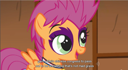 Size: 855x473 | Tagged: safe, screencap, character:scootaloo, species:pegasus, species:pony, episode:the show stoppers, g4, my little pony: friendship is magic, animation error, boris yeltsin, caption, face paint, meta, solo, wat, wrong eye color, youtube caption