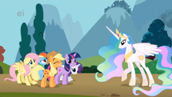 Size: 1366x768 | Tagged: safe, screencap, character:applejack, character:fluttershy, character:princess celestia, character:rainbow dash, character:rarity, character:twilight sparkle, character:twilight sparkle (unicorn), species:alicorn, species:earth pony, species:pegasus, species:pony, species:unicorn, episode:swarm of the century, g4, my little pony: friendship is magic, :t, bowing, crown, ei, ethereal mane, eyes closed, female, floppy ears, frown, glare, grin, gritted teeth, hoof shoes, hub logo, jewelry, looking up, mare, meme origin, nervous, origins, peytral, raised hoof, regalia, smiling, spread wings, twiface, wide eyes, wings, wrong neighborhood