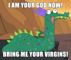 Size: 411x345 | Tagged: safe, screencap, character:crackle, species:dragon, .mov, episode:dragon quest, g4, my little pony: friendship is magic, dress.mov, image macro, solo, virgin