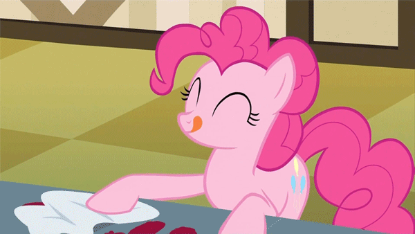 Size: 600x338 | Tagged: safe, screencap, character:pinkie pie, species:earth pony, species:pony, episode:the last roundup, g4, my little pony: friendship is magic, animated, eyes closed, female, gif, licking lips, mare, out of context, smiling, tenso, tongue out, zoom