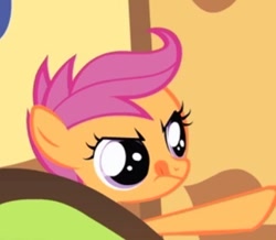 Size: 363x317 | Tagged: safe, screencap, character:scootaloo, species:pegasus, species:pony, blep, cute, frown, glare, pointing, solo, tongue out