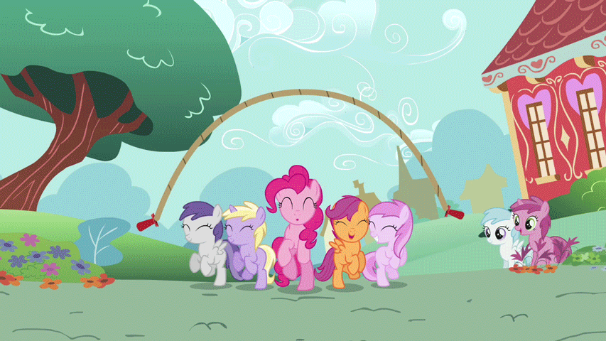 Size: 853x480 | Tagged: safe, screencap, character:cotton cloudy, character:dinky hooves, character:pinkie pie, character:piña colada, character:ruby pinch, character:scootaloo, character:tornado bolt, species:pegasus, species:pony, episode:a friend in deed, g4, my little pony: friendship is magic, animated, cottonbetes, cute, cutealoo, diapinkes, dinkabetes, eyes closed, how, jump rope, loop, pinchybetes, pinkie being pinkie, pinkie physics, piña cutelada, smile song, tornadorable