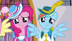 Size: 1000x563 | Tagged: safe, screencap, character:fluttershy, character:pinkie pie, character:rainbow dash, episode:magical mystery cure, g4, my little pony: friendship is magic, clothing, coronation dress, crying, dress, lip bite, wavy mouth