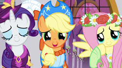 Size: 1280x720 | Tagged: safe, screencap, character:applejack, character:fluttershy, character:rarity, episode:magical mystery cure, g4, my little pony: friendship is magic, castle, clothing, coronation dress, crying, dress, hat, smiling, tears of joy