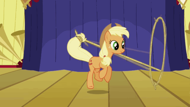 Size: 640x360 | Tagged: safe, screencap, character:applejack, episode:boast busters, g4, my little pony: friendship is magic, animated, cartoon anatomy, how, lasso, loop, prehensile tail, rope, solo