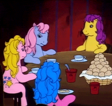 Size: 375x354 | Tagged: safe, screencap, character:bon bon (g1), character:clover (g1), character:melody, character:starlight (g1), episode:the tea party, g1, my little pony tales, animated