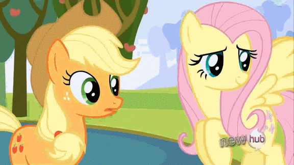 Size: 576x324 | Tagged: safe, screencap, character:applejack, character:fluttershy, episode:keep calm and flutter on, g4, my little pony: friendship is magic, all new, animated, cute, duckface, hub logo, it's not worth it, pouting, reaction image, text
