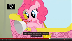 Size: 854x483 | Tagged: safe, screencap, character:pinkie pie, episode:fall weather friends, g4, my little pony: friendship is magic, hot air balloon, megaphone, youtube, youtube caption