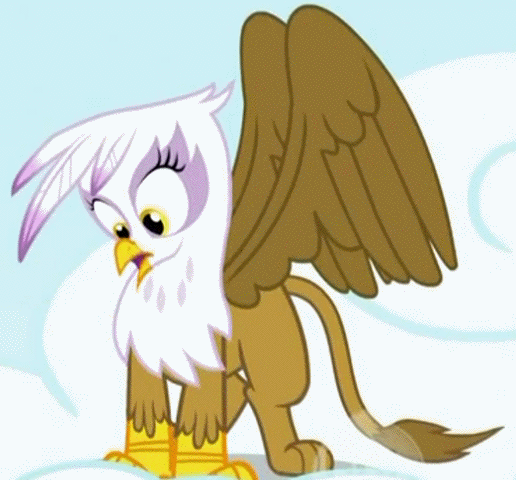 Size: 516x480 | Tagged: safe, screencap, character:gilda, species:griffon, episode:griffon the brush-off, animated, cloud, cloudy, cute, gilda is not amused, gildadorable, hub logo, solo