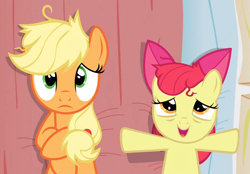 Size: 958x666 | Tagged: safe, screencap, character:apple bloom, character:applejack, species:earth pony, species:pony, episode:apple family reunion, g4, my little pony: friendship is magic, bed, cropped, duo, female, filly, mare, on back, out of context, outofcontextmlp, pillow, sisters