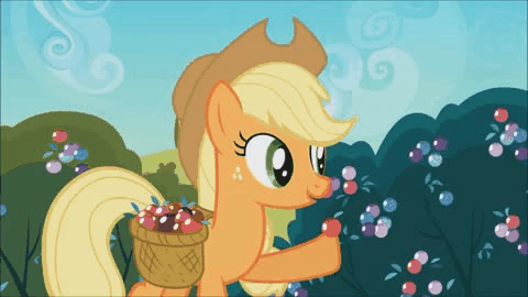 Size: 480x270 | Tagged: safe, screencap, character:applejack, episode:the crystal empire, g4, my little pony: friendship is magic, animated, berries, bush, crystal berries, eating, solo, the ballad of the crystal empire