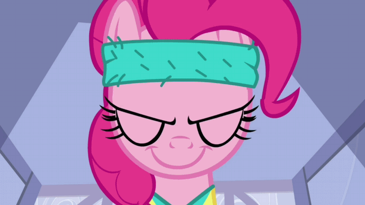 Size: 720x405 | Tagged: safe, screencap, character:pinkie pie, episode:a friend in deed, g4, my little pony: friendship is magic, animated, faec, grin, headband, out of context, solo, workout, workout outfit