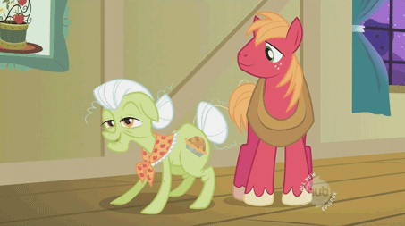 Size: 453x253 | Tagged: safe, screencap, character:apple bloom, character:applejack, character:big mcintosh, character:granny smith, species:earth pony, species:pony, episode:the cutie pox, g4, my little pony: friendship is magic, animated, hub logo, male, pain, stallion