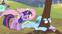 Size: 854x472 | Tagged: safe, screencap, character:fluttershy, character:rainbow dash, character:twilight sparkle, episode:hurricane fluttershy, g4, my little pony: friendship is magic, hub logo, meme, special eyes, youtube caption