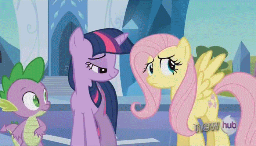 Size: 839x480 | Tagged: safe, screencap, character:fluttershy, character:pinkie pie, character:spike, character:twilight sparkle, character:twilight sparkle (unicorn), species:dragon, species:earth pony, species:pegasus, species:pony, species:unicorn, episode:the crystal empire, g4, my little pony: friendship is magic, animated, clothing, costume, female, fluttershy suit, flutterspy, funny, hub logo, male, mare, masking, pinkie being pinkie, pony costume, scared, shocked, voice actor joke, zipper
