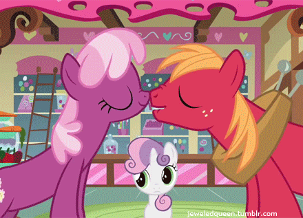 Size: 440x317 | Tagged: safe, screencap, character:big mcintosh, character:cheerilee, character:sweetie belle, species:earth pony, species:pony, ship:cheerimac, episode:hearts and hooves day, g4, my little pony: friendship is magic, animated, cropped, lip bite, loop, male, nose wrinkle, nuzzling, shipping, stallion, straight