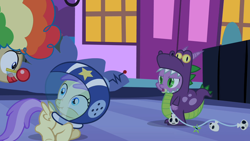 Size: 1280x720 | Tagged: safe, screencap, character:alula, character:mayor mare, character:pluto, character:spike, episode:luna eclipsed, g4, my little pony: friendship is magic, clown, costume, disapproval, faec, out of context, pluto, scared, scrunchy face