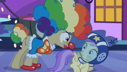 Size: 1280x720 | Tagged: safe, screencap, character:alula, character:mayor mare, character:pluto, episode:luna eclipsed, g4, my little pony: friendship is magic, clown, faec, pluto, scared, scrunchy face