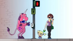 Size: 1280x720 | Tagged: safe, screencap, species:human, bag, barely pony related, drink, lloyd the rock'n unicorn, phone, red bull, sunglasses
