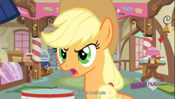 Size: 1366x768 | Tagged: safe, screencap, character:applejack, all new, capitalism, hub logo, solo, text, youtube caption, youtube link