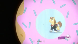 Size: 1366x768 | Tagged: safe, screencap, character:donut joe, episode:mmmystery on the friendship express, g4, my little pony: friendship is magic, hub logo, swag, youtube caption, youtube link