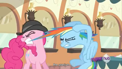 Size: 1366x768 | Tagged: safe, screencap, character:pinkie pie, character:rainbow dash, episode:mmmystery on the friendship express, g4, my little pony: friendship is magic, hub logo, pulling, uranium, youtube caption, youtube link