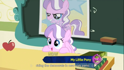Size: 1366x768 | Tagged: safe, screencap, character:diamond tiara, episode:ponyville confidential, g4, my little pony: friendship is magic, meme, ponyville schoolhouse, solo, youtube caption, youtube link