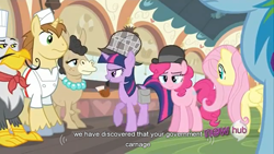 Size: 1366x768 | Tagged: safe, screencap, character:donut joe, character:fluttershy, character:gustave le grande, character:pinkie pie, character:rainbow dash, character:twilight sparkle, species:donkey, species:earth pony, species:griffon, species:pegasus, species:pony, species:unicorn, episode:mmmystery on the friendship express, g4, my little pony: friendship is magic, bubble pipe, clothing, deerstalker, female, gustave le grande, hat, hub logo, male, mare, mulia mild, stallion, youtube caption, youtube link