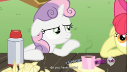 Size: 1366x768 | Tagged: safe, screencap, character:apple bloom, character:sweetie belle, episode:ponyville confidential, g4, my little pony: friendship is magic, thinking bloom, youtube caption, youtube link