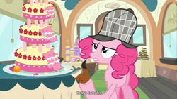 Size: 1366x768 | Tagged: safe, screencap, character:pinkie pie, species:earth pony, species:pony, episode:mmmystery on the friendship express, g4, my little pony: friendship is magic, bubble pipe, cake, clothing, deerstalker, female, food, hat, lunatic, mare, solo, youtube caption, youtube link