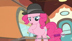 Size: 1366x768 | Tagged: safe, screencap, character:pinkie pie, episode:mmmystery on the friendship express, g4, my little pony: friendship is magic, hub logo, youtube caption, youtube link