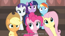 Size: 1366x768 | Tagged: safe, screencap, character:applejack, character:fluttershy, character:pinkie pie, character:rainbow dash, character:rarity, character:twilight sparkle, looking up, mane six, youtube caption, youtube link