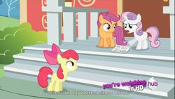 Size: 1366x768 | Tagged: safe, screencap, character:apple bloom, character:scootaloo, character:sweetie belle, species:pegasus, species:pony, episode:ponyville confidential, g4, my little pony: friendship is magic, cutie mark crusaders, meme, ponyville schoolhouse, youtube caption, youtube link