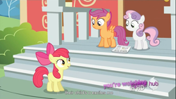 Size: 1366x768 | Tagged: safe, screencap, character:apple bloom, character:scootaloo, character:sweetie belle, species:pegasus, species:pony, episode:ponyville confidential, g4, my little pony: friendship is magic, all new, cutie mark crusaders, meme, ponyville schoolhouse, text, youtube caption, youtube link